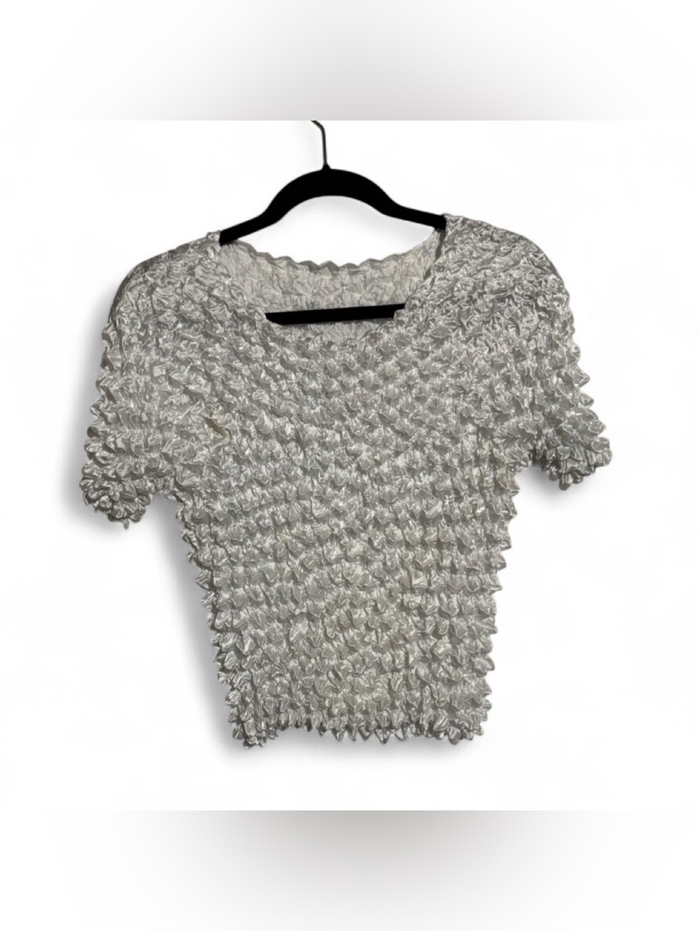 Vintage Y2K White Popcorn Shirt Crinkle Bubble Crop Top Stretch One Size XS XL